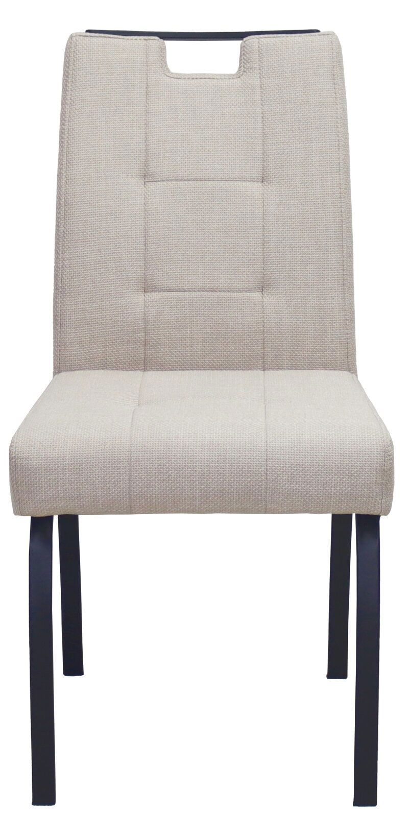 Moderner Stuhl mit beigem Stoffbezug und schwarzen Metallbeinen, Frontalansicht