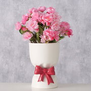 Weiße Porzellanvase Bowy, 22 cm hoch, mit roter Schleife und rosa Blumen, frontal fotografiert.
