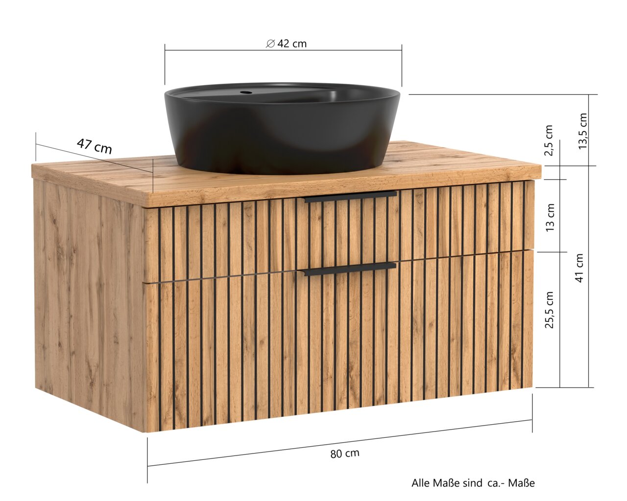 Waschtisch-Set 80 cm mit schwarzem Aufsatzwaschbecken, Holzoptik, Frontansicht