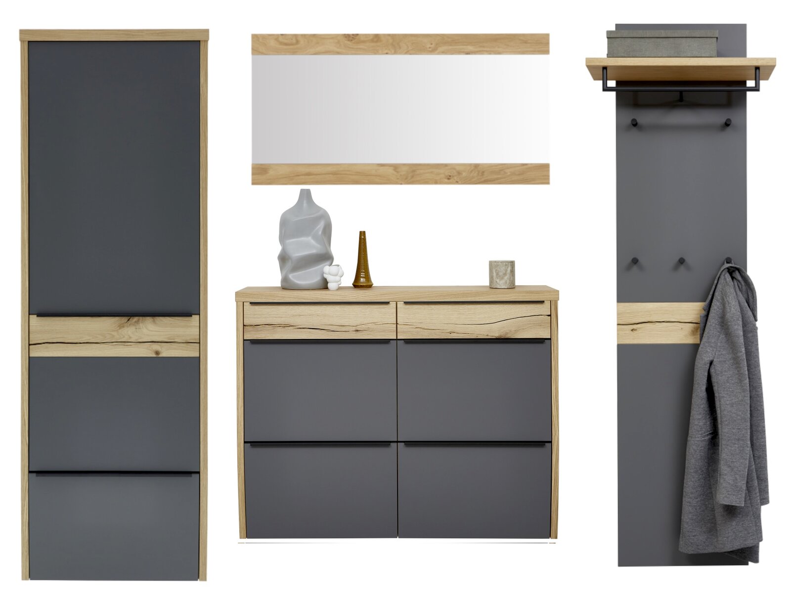 Moderne Garderobenmöbel-Kombination in Anthrazit und Eiche-Optik mit Schuhschrank, Spiegel und Wandpaneel mit Ablage und Haken, Frontansicht