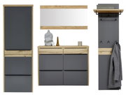 Moderne garderobecombinatie in antraciet en eikenlook, met schoenenkast, spiegel en wandpaneel met legplank en haken, vooraanzicht