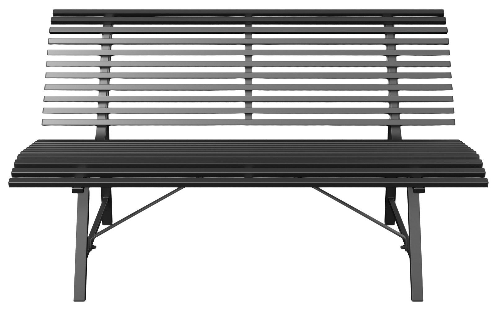 Schwarze Gartenbank aus Metall mit Lattenoptik, Vorderansicht