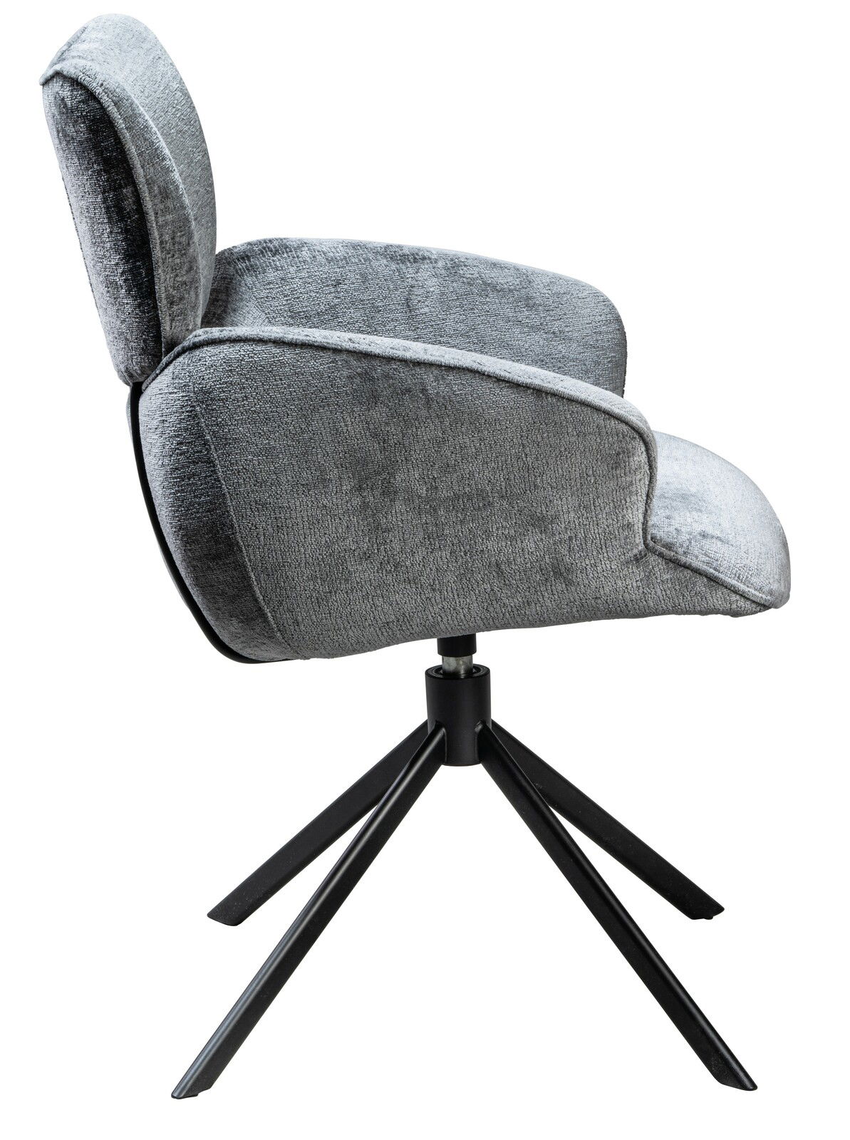 Grauer Armlehnstuhl mit schwarzem Metallgestell, Seitenansicht