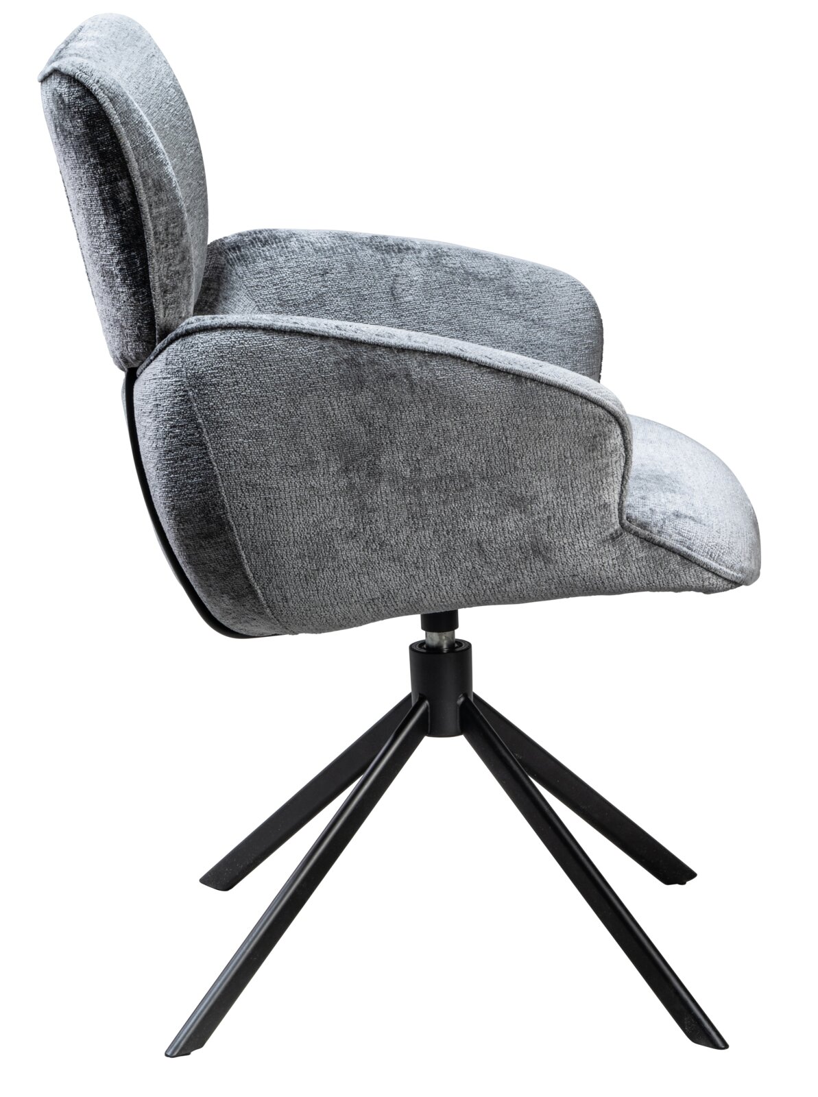 Grijze fauteuil met zwart metalen frame, zijaanzicht