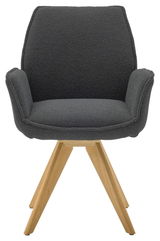 Moderner Armlehnstuhl mit grauem Stoffbezug und Holzbeinen, Frontalansicht