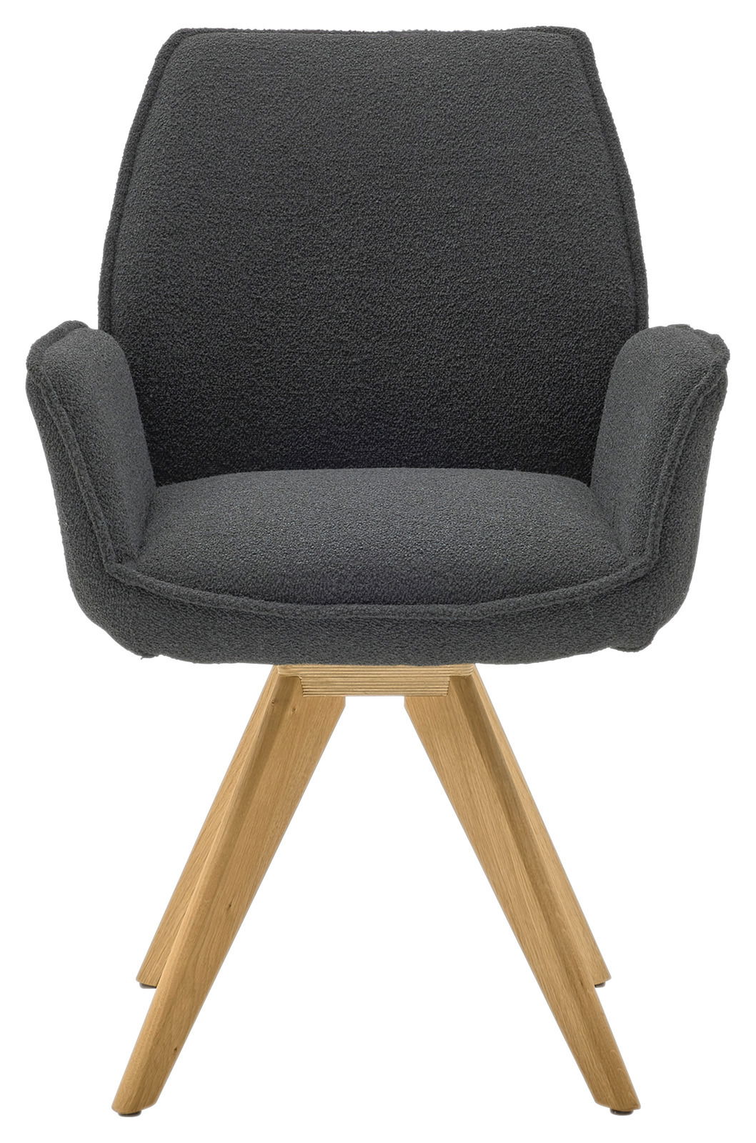 Moderner Armlehnstuhl mit grauem Stoffbezug und Holzbeinen, Frontalansicht