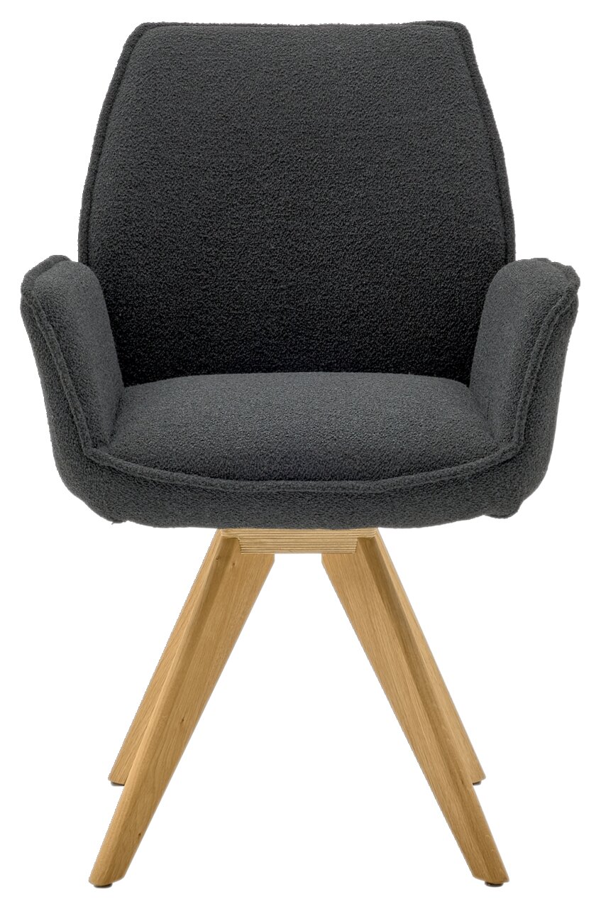 Moderner Armlehnstuhl mit grauem Stoffbezug und Holzbeinen, Frontalansicht