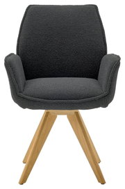 Moderner Armlehnstuhl mit grauem Stoffbezug und Holzbeinen, Frontalansicht