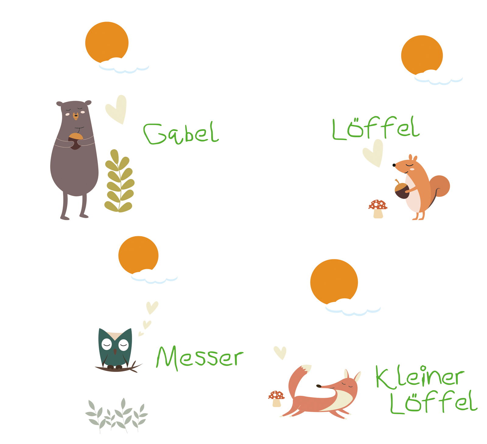 Kinderbesteck FOREST 4-tlg. mit Tiermotiven: Bär, Eichhörnchen, Eule und Fuchs, aus der Vogelperspektive.