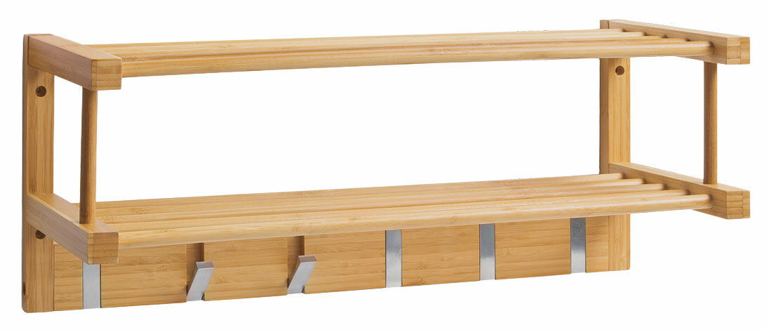 Wandgarderobe aus Bambus mit zwei Ablagen und vier Haken, seitliche Perspektive