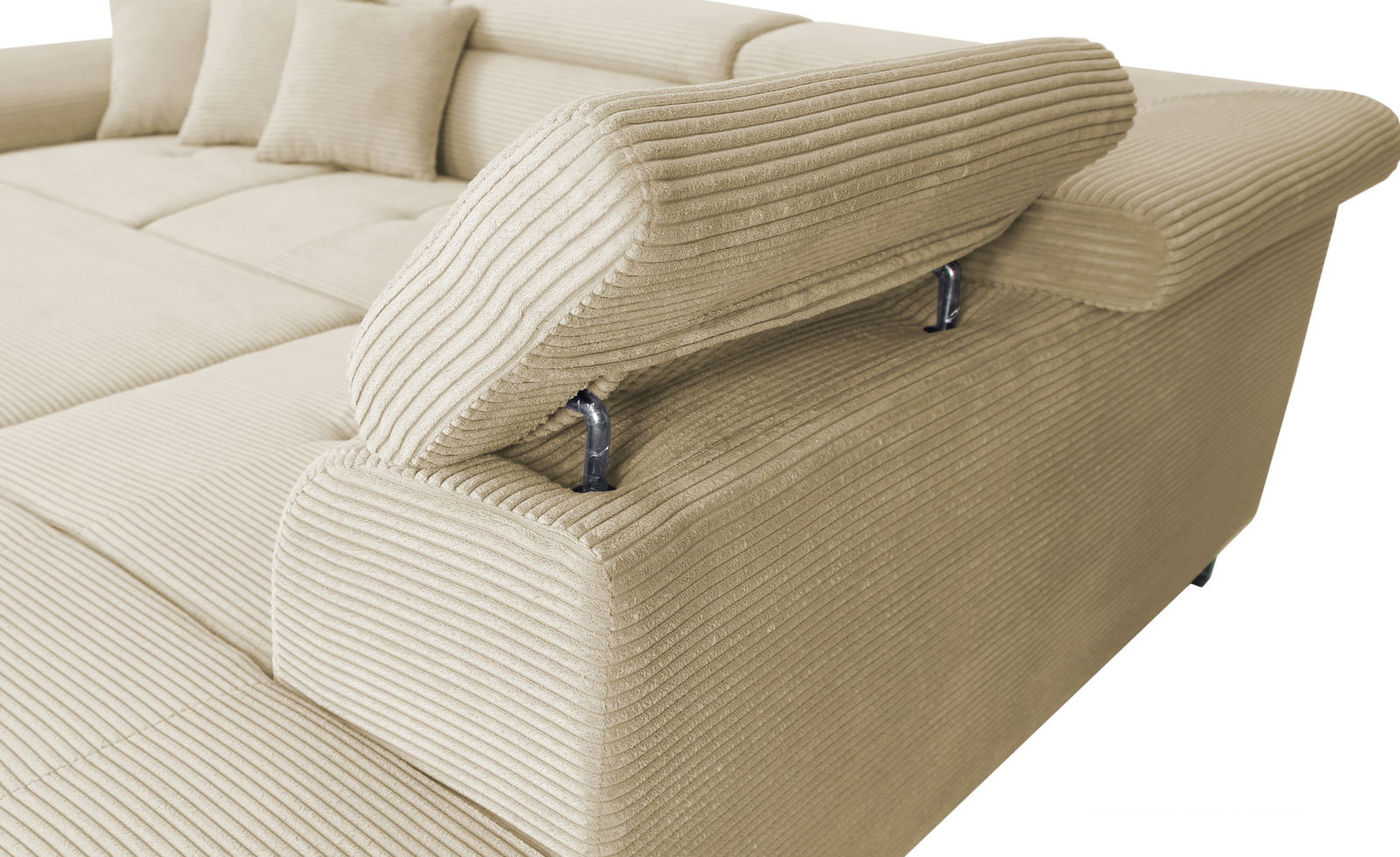 Nahaufnahme einer beige gestreiften Rundecke mit verstellbarer Kopfstütze, seitliche Perspektive.