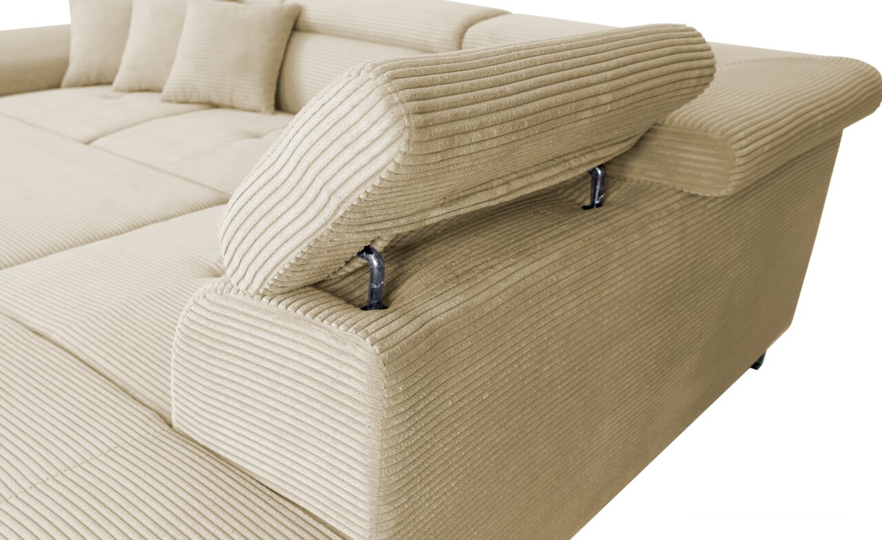Nahaufnahme einer beige gestreiften Rundecke mit verstellbarer Kopfstütze, seitliche Perspektive.