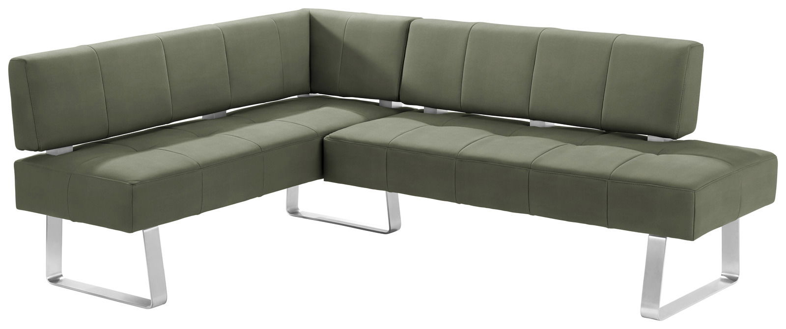 Grüne Eckbank mit modernem Design und Metallbeinen, seitliche Perspektive