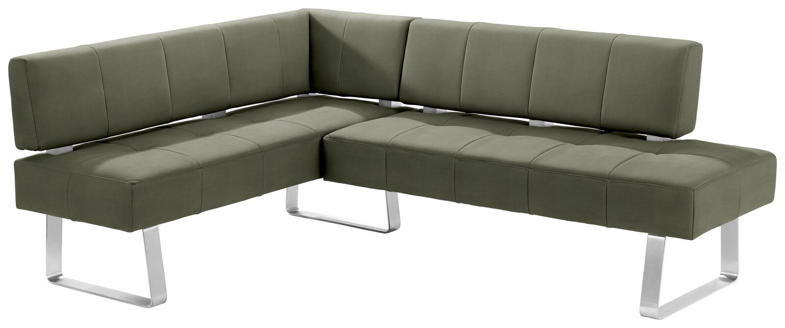 Grüne Eckbank mit modernem Design und Metallbeinen, seitliche Perspektive