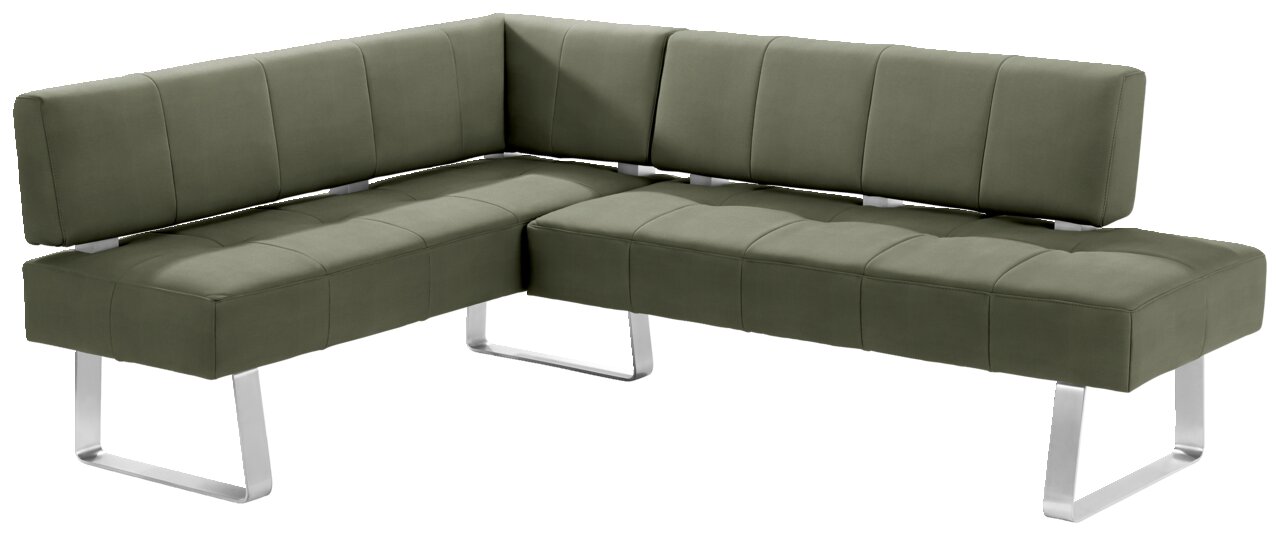Grüne Eckbank mit modernem Design und Metallbeinen, seitliche Perspektive