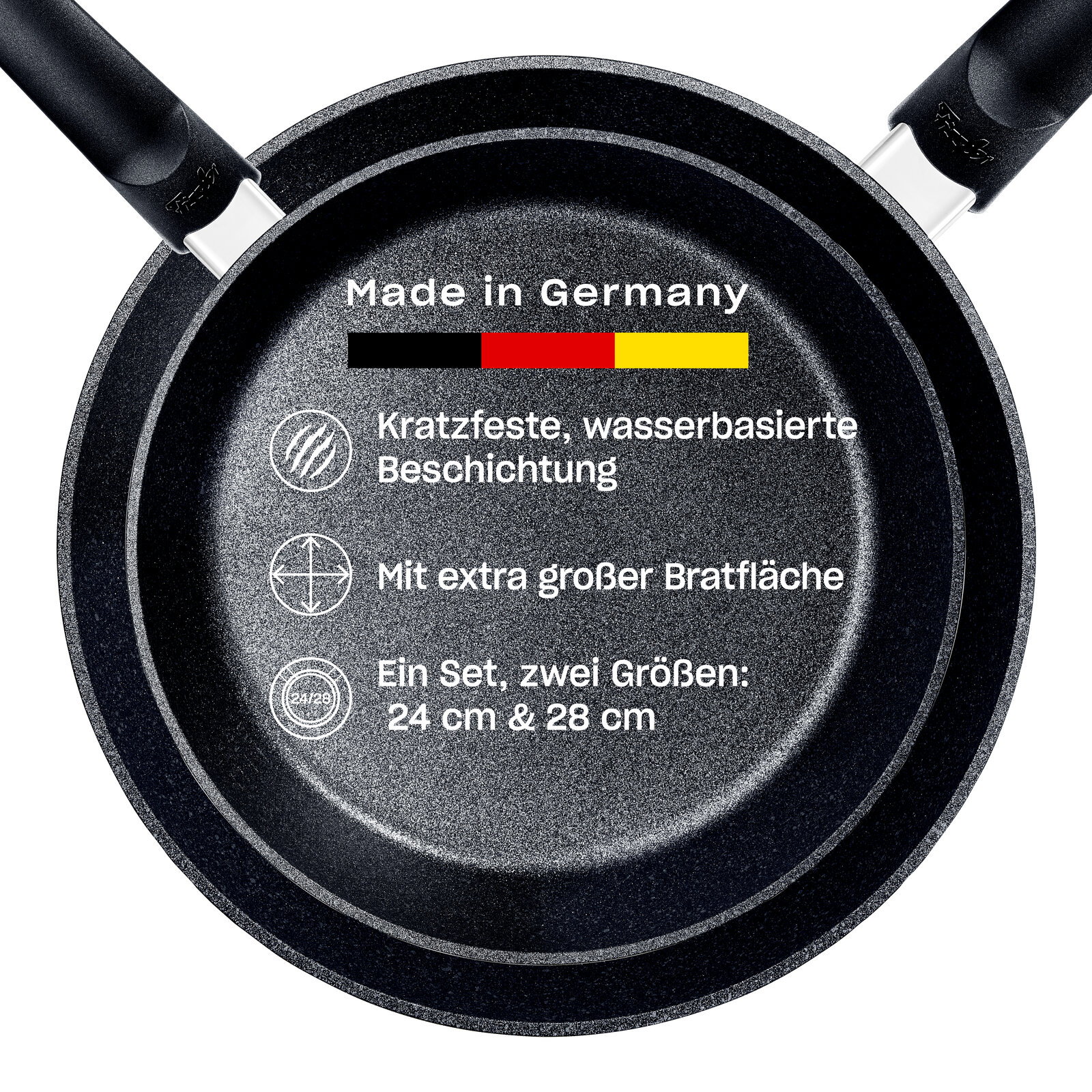 Pfannenset Adamant Comfort, Draufsicht, Made in Germany, kratzfeste wasserbasierte Beschichtung, extra große Bratfläche, zwei Größen: 24 cm & 28 cm