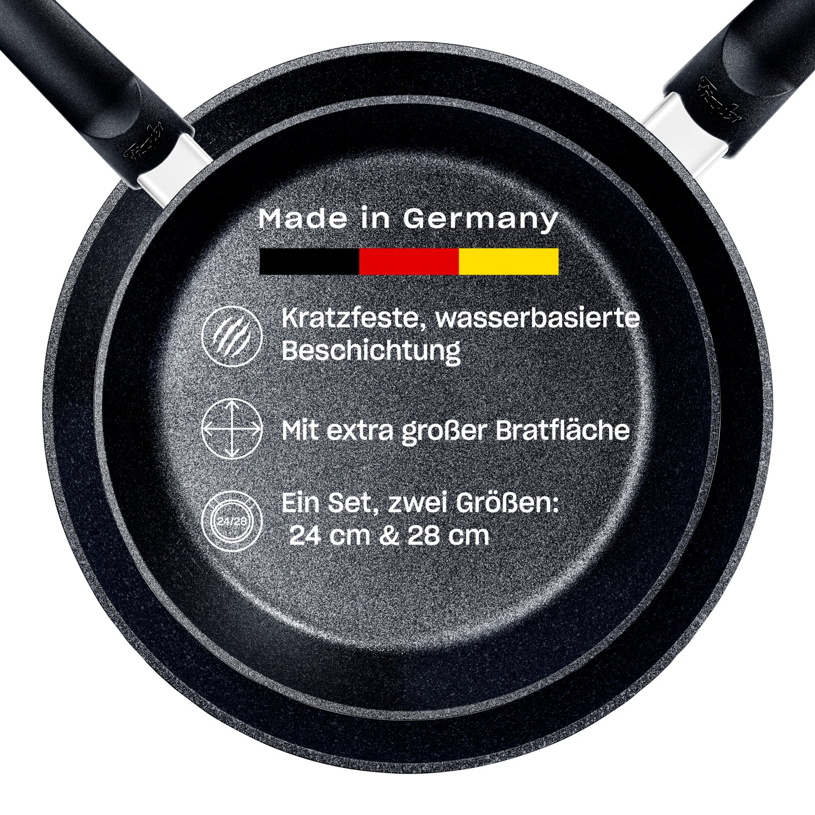 Pfannenset Adamant Comfort, Draufsicht, Made in Germany, kratzfeste wasserbasierte Beschichtung, extra große Bratfläche, zwei Größen: 24 cm & 28 cm