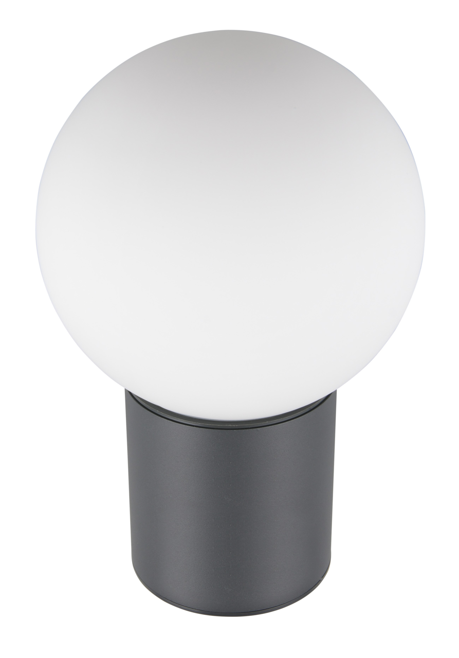 Moderne Aussenwandleuchte mit kugelförmigem, weißem Lampenschirm und schwarzem Sockel, frontal abgebildet.