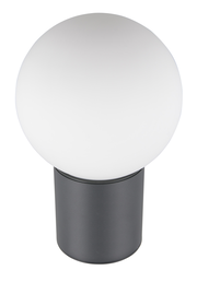 Moderne Aussenwandleuchte mit kugelförmigem, weißem Lampenschirm und schwarzem Sockel, frontal abgebildet.