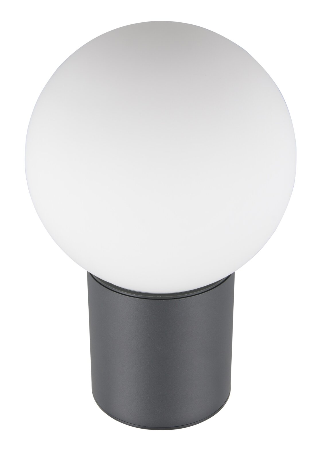 Moderne buitenlamp met een bolvormige, witte lampenkap en een zwarte voet, afgebeeld van voren.