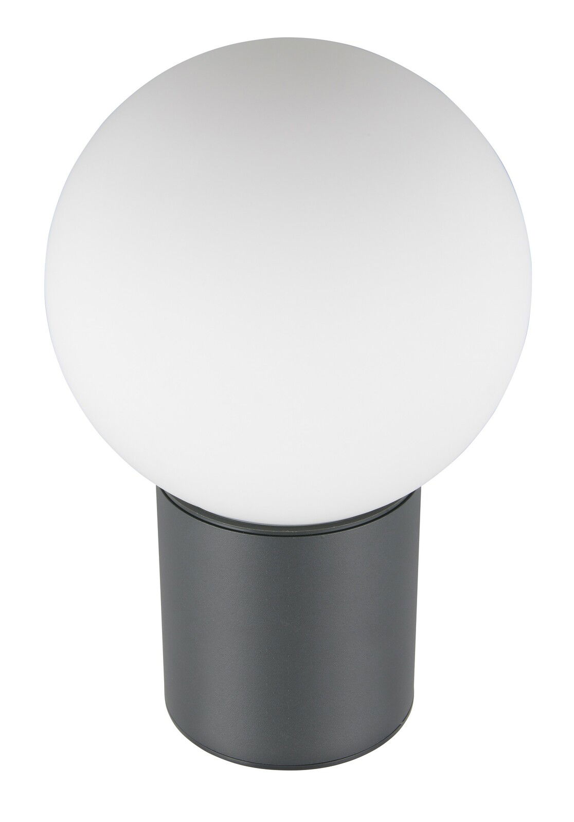 Moderne Aussenwandleuchte mit kugelförmigem, weißem Lampenschirm und schwarzem Sockel, frontal abgebildet.