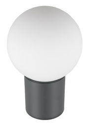 Moderne Aussenwandleuchte mit kugelförmigem, weißem Lampenschirm und schwarzem Sockel, frontal abgebildet.