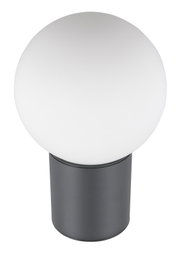 Moderne buitenlamp met een bolvormige, witte lampenkap en een zwarte voet, afgebeeld van voren.