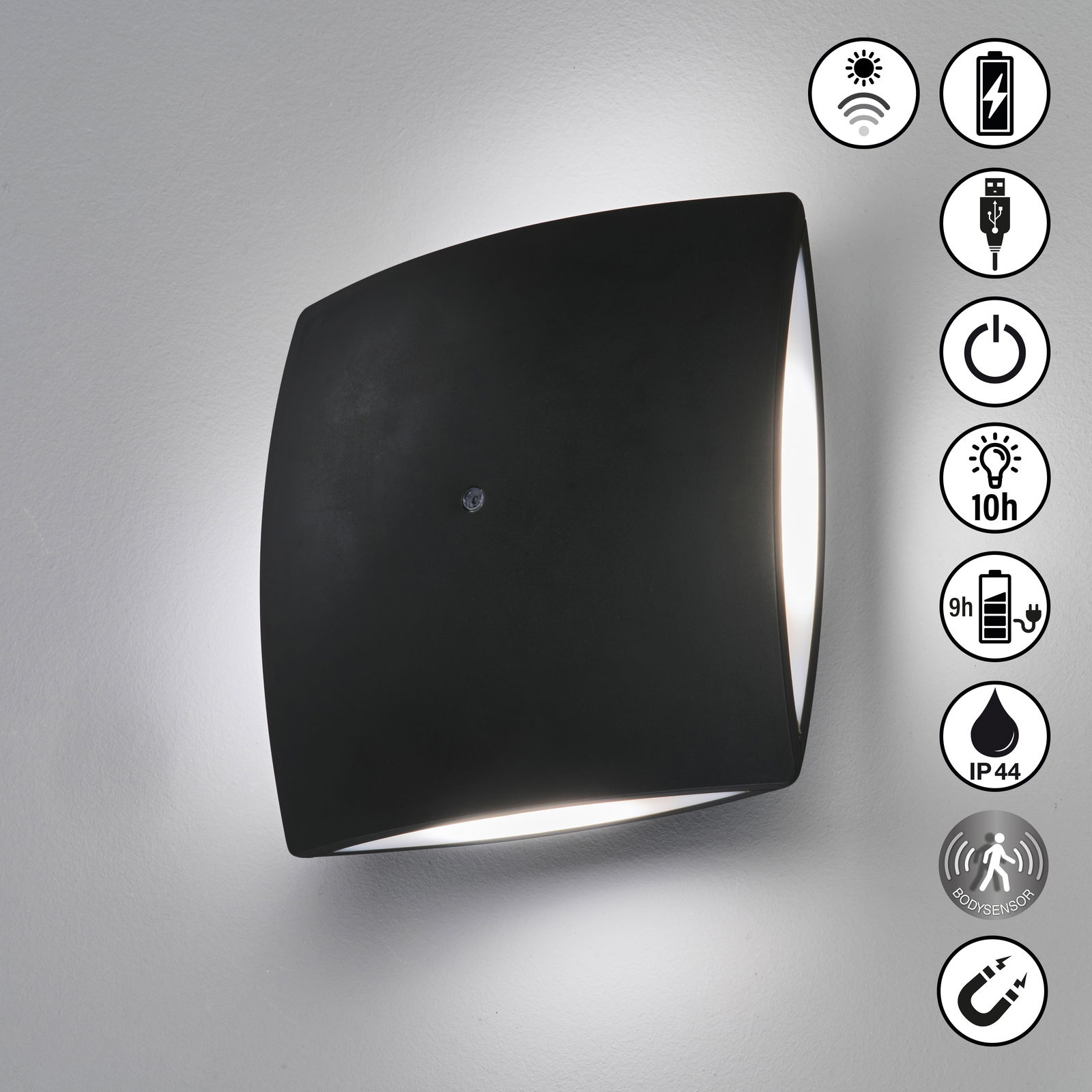 Schwarze AKKU-Wandleuchte mit modernem Design, seitliche Ansicht, zeigt Symbole für kabelloses Laden, USB-Anschluss, Ein-/Ausschalter, 10 Stunden Leuchtdauer, 9 Stunden Ladezeit, IP44-Schutz, Bewegungssensor und magnetische Befestigung.