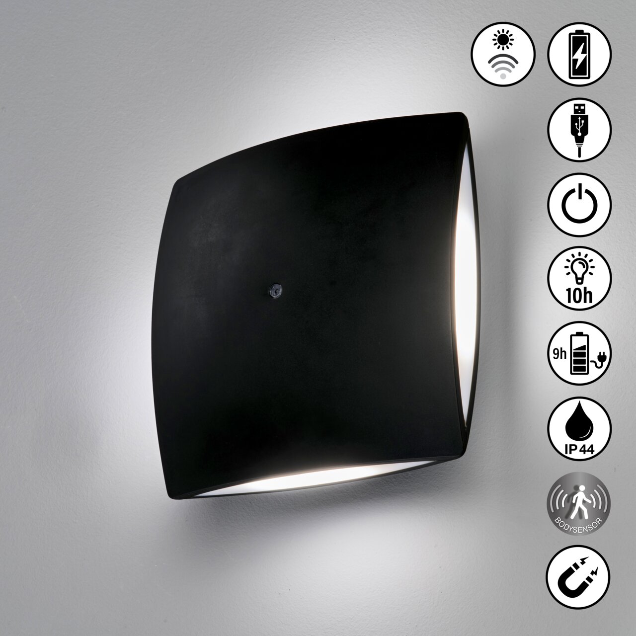 Schwarze AKKU-Wandleuchte mit modernem Design, seitliche Ansicht, zeigt Symbole für kabelloses Laden, USB-Anschluss, Ein-/Ausschalter, 10 Stunden Leuchtdauer, 9 Stunden Ladezeit, IP44-Schutz, Bewegungssensor und magnetische Befestigung.
