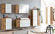 Moderner Midischrank 65 cm in Holzoptik mit weißen Fronten, Teil eines stilvollen Badezimmersets, seitliche Perspektive.