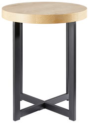 Runder Beistelltisch mit heller Holzplatte und schwarzem Metallgestell, Frontalansicht