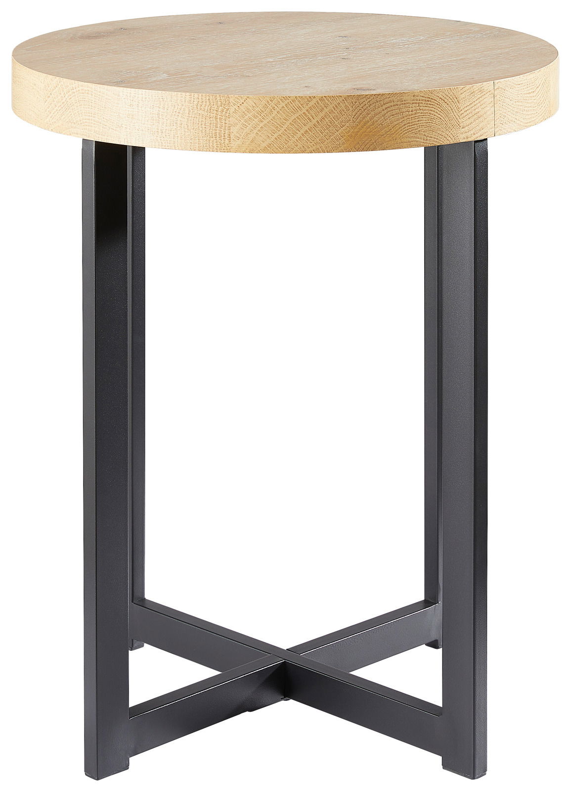 Runder Beistelltisch mit heller Holzplatte und schwarzem Metallgestell, Frontalansicht