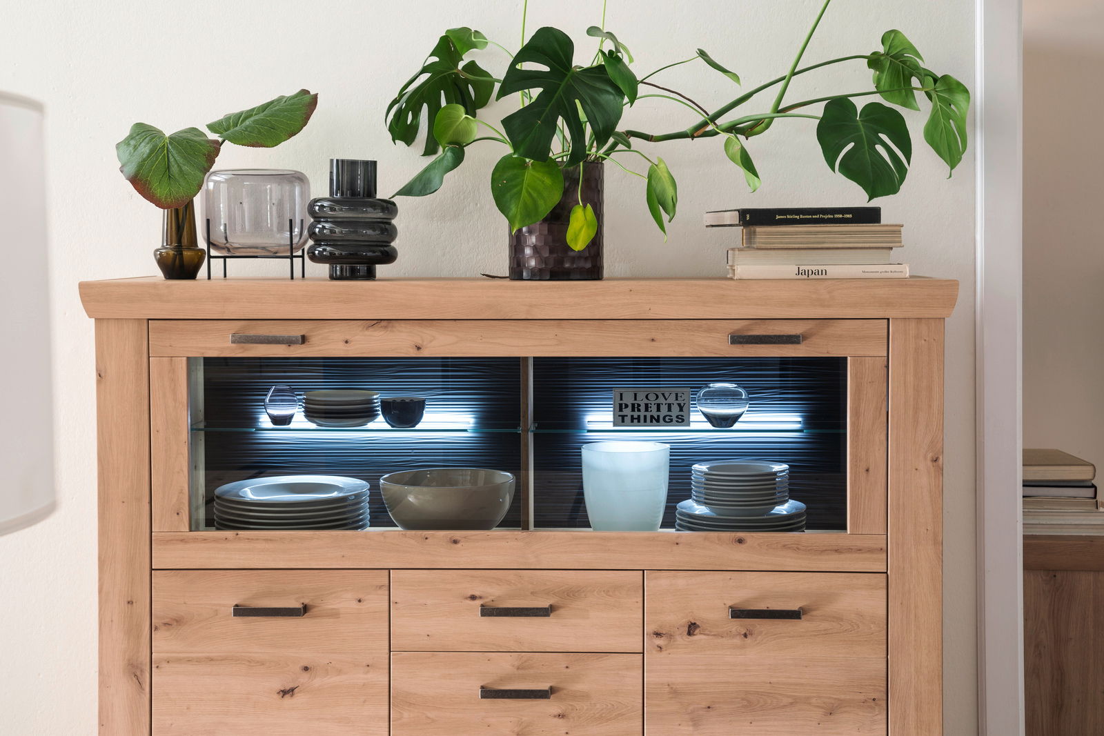 Frontale Ansicht eines Highboards aus Holz mit Glastüren, dekoriert mit Pflanzen und Geschirr.