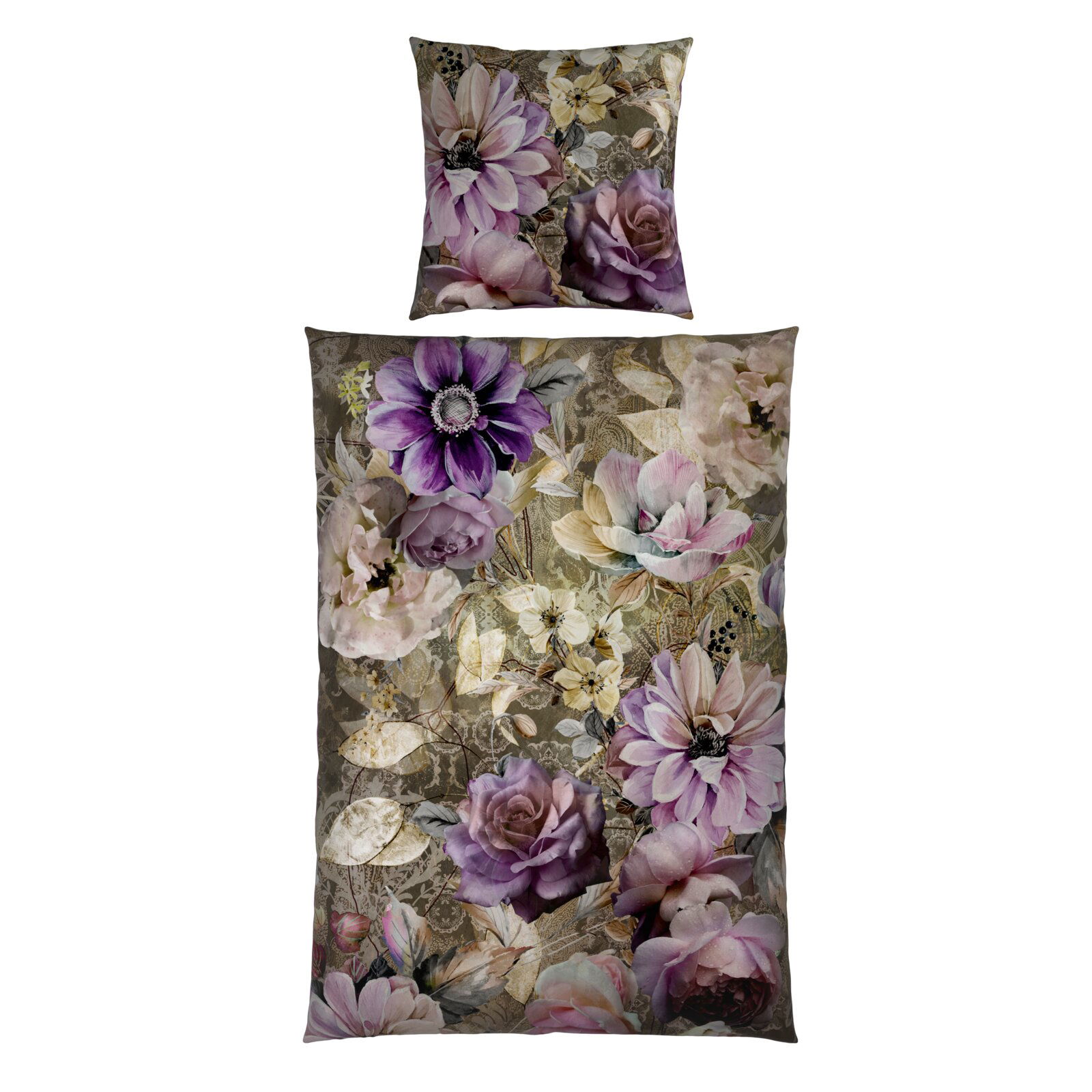 Wendebettwäsche mit floralem Muster in Lila- und Beigetönen, Draufsicht