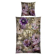 Wendebettwäsche mit floralem Muster in Lila- und Beigetönen, Draufsicht