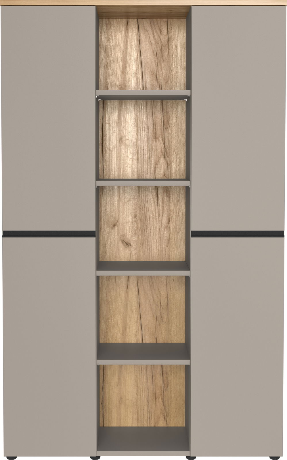 Frontansicht eines modernen Kombischranks mit grauen Türen und offenen Regalfächern in Holzoptik.