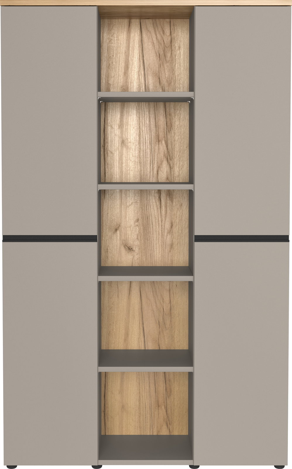 Frontansicht eines modernen Kombischranks mit grauen Türen und offenen Regalfächern in Holzoptik.