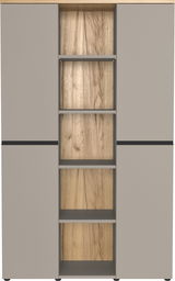 Frontansicht eines modernen Kombischranks mit grauen Türen und offenen Regalfächern in Holzoptik.