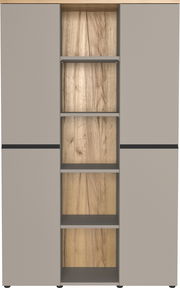 Frontansicht eines modernen Kombischranks mit grauen Türen und offenen Regalfächern in Holzoptik.