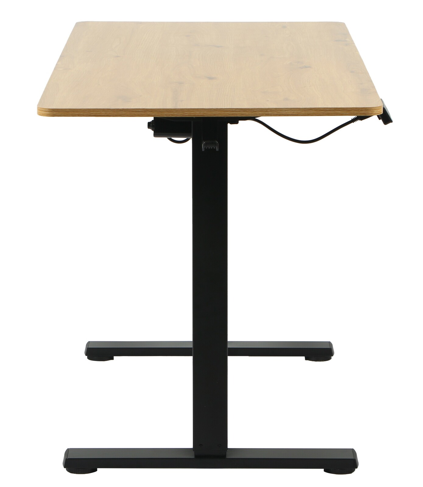 E-Schreibtisch mit Holzplatte und schwarzem Metallgestell, seitliche Perspektive