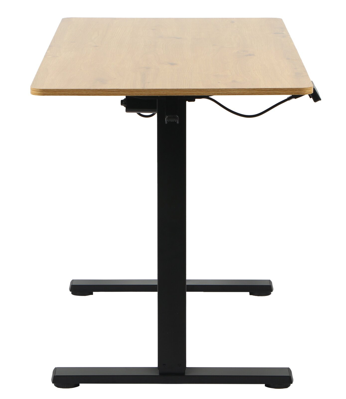 E-Schreibtisch mit Holzplatte und schwarzem Metallgestell, seitliche Perspektive