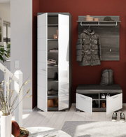 Moderner Eingangsbereich mit Garderoben-Set, bestehend aus einem hohen Schuhschrank mit Spiegel, einer Garderobenbank mit Sitzkissen und einem Garderobenpaneel mit Haken und Ablage. Perspektive: Frontalansicht.