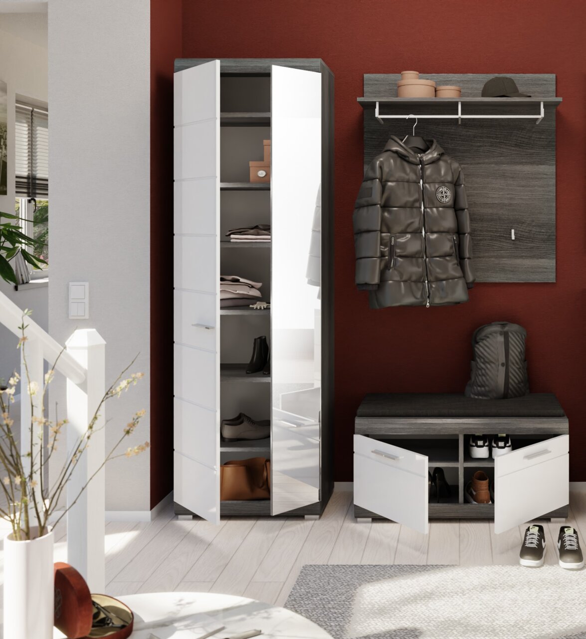 Moderner Eingangsbereich mit Garderoben-Set, bestehend aus einem hohen Schuhschrank mit Spiegel, einer Garderobenbank mit Sitzkissen und einem Garderobenpaneel mit Haken und Ablage. Perspektive: Frontalansicht.