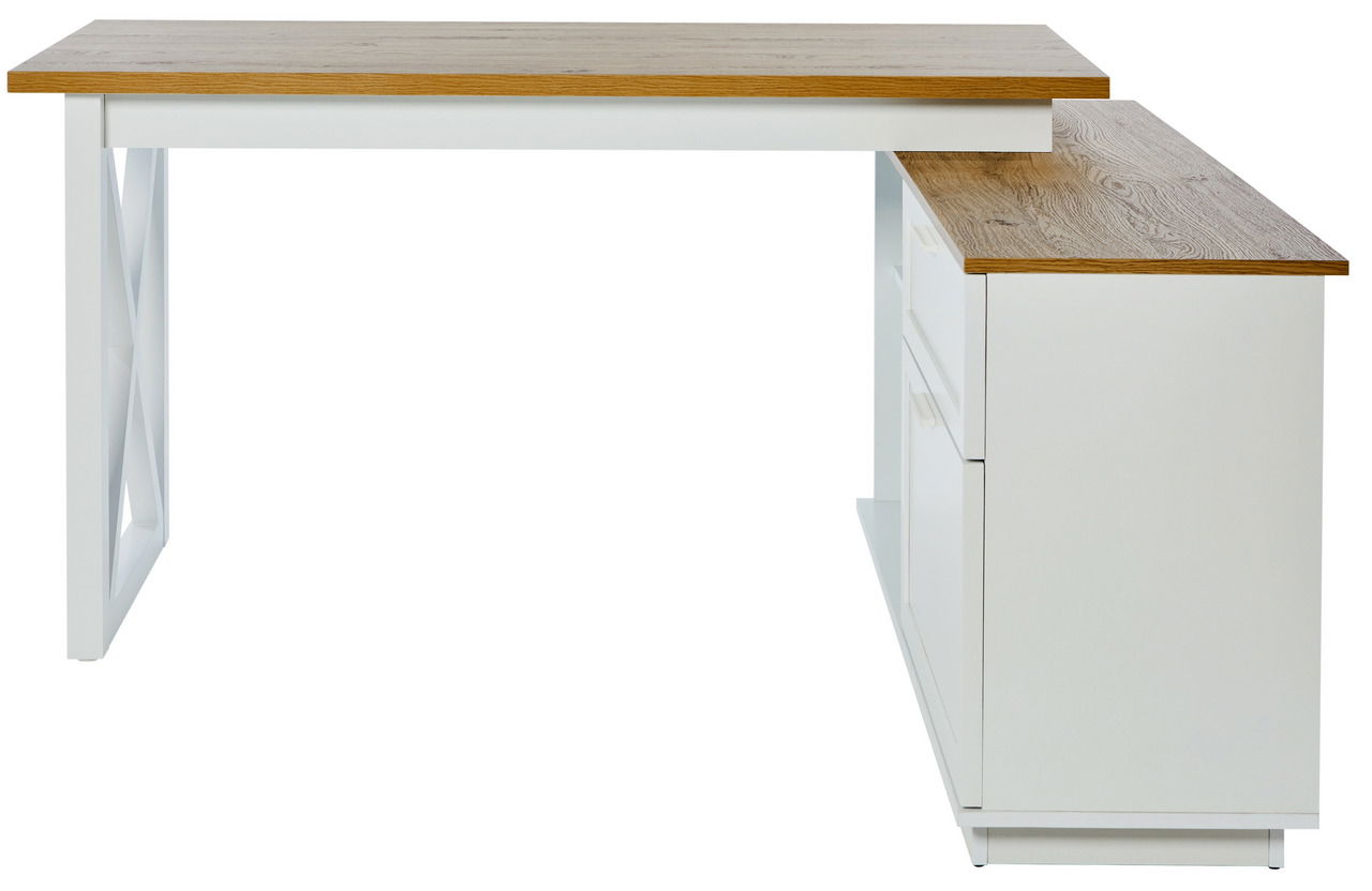 Moderner Eck-Schreibtisch mit weißem Gestell und Holzoberfläche, seitliche Perspektive