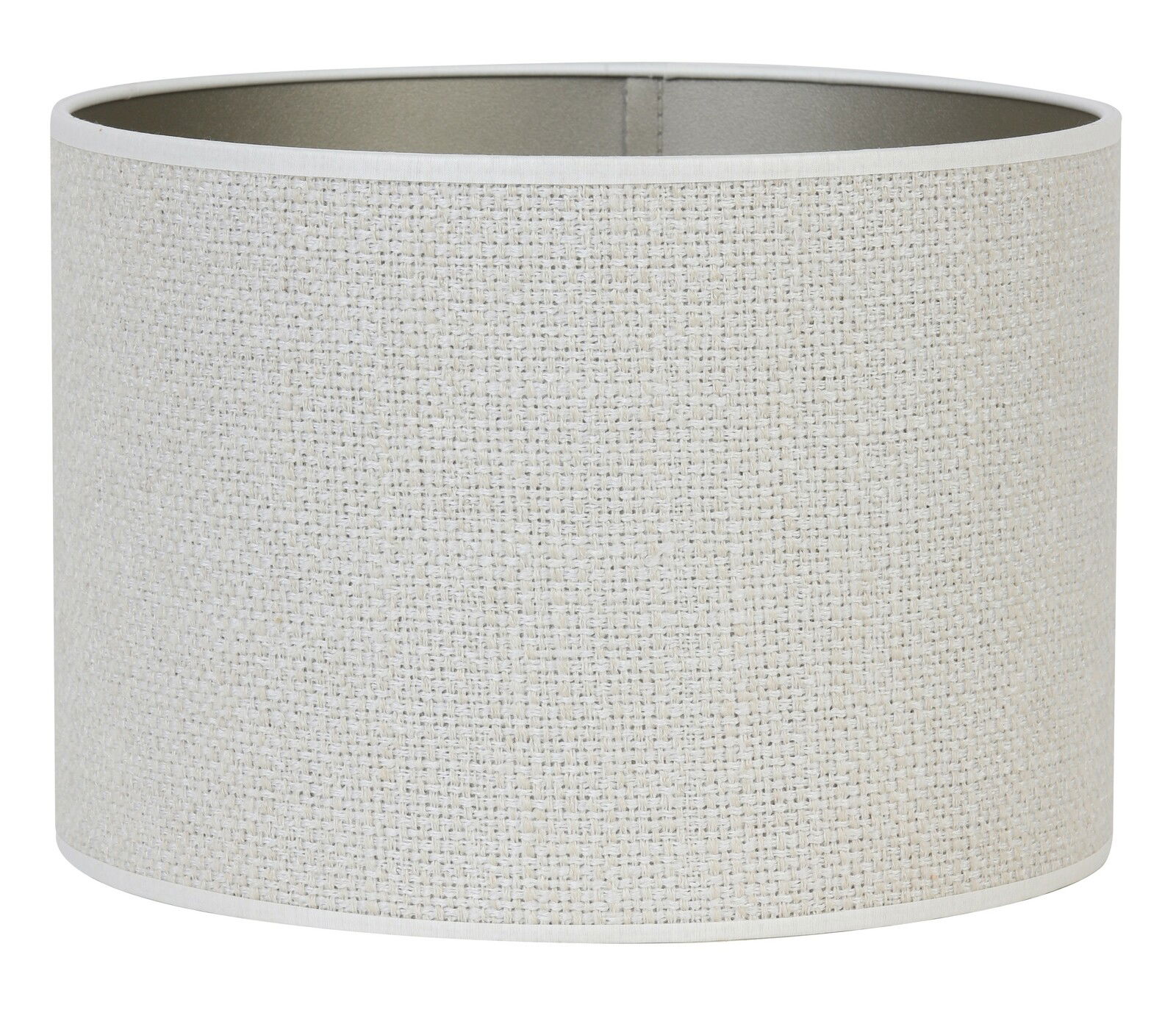 Zylindrischer Lampenschirm in heller Textiloptik, seitliche Perspektive