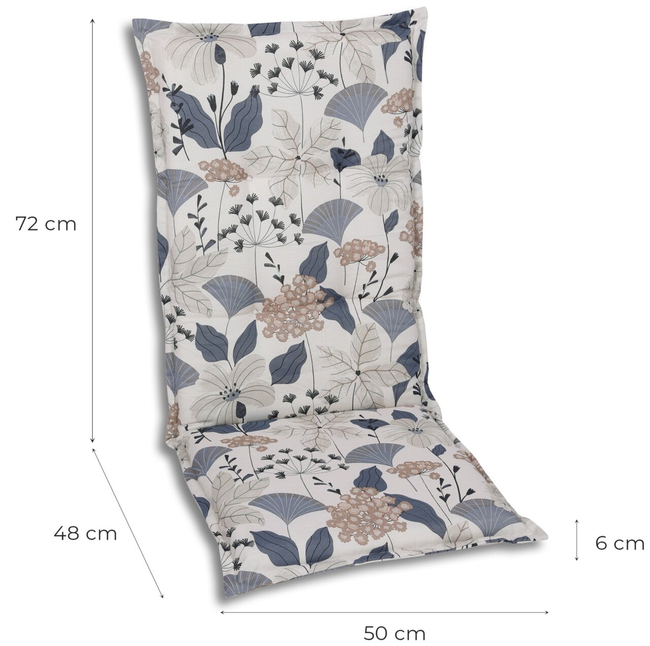 Hochlehnerauflage mit floralem Muster in Blau- und Beigetönen, seitliche Perspektive