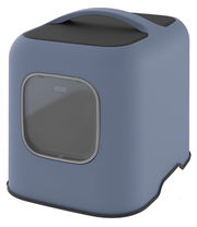 Moderne blaue Katzentoilette mit Tragegriff, seitliche Perspektive