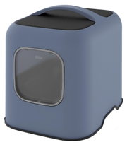 Moderne blauwe kattenbak met handvat, zijaanzicht