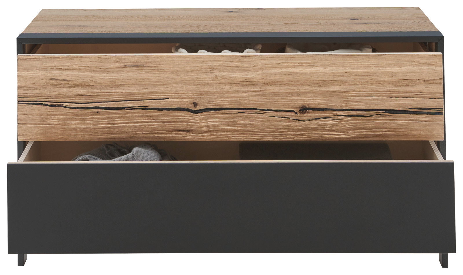Frontansicht einer Garderobenbank mit zwei offenen Schubladen, obere Schublade in Holzoptik, untere in Schwarz.