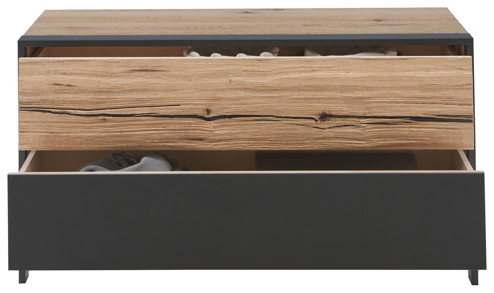 Frontansicht einer Garderobenbank mit zwei offenen Schubladen, obere Schublade in Holzoptik, untere in Schwarz.